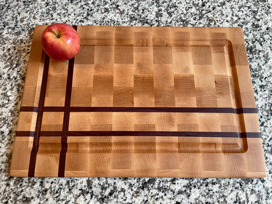 Purpleheart and maple end-grain cutting board